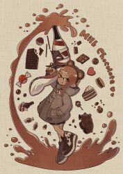 Rule 34 | 1girl, bear, braid, brown hair, cake, cake slice, candy, chestnut, chocolate, chocolate heart, coat, commentary request, english text, food, full body, grey coat, hand in pocket, hanokage, heart, highres, inkling girl, inkling player character, licking lips, lollipop, long hair, looking at viewer, macaron, muffin, mushroom, nintendo, pocky, single braid, solo, splatoon (series), splatoon 3, squeezer (splatoon), tentacle hair, tongue, tongue out, wrapped candy