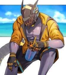 Rule 34 | 1boy, abs, protagonist (pso2), bara, bare pectorals, beach, colored skin, cyborg, drink, drinking straw, glowing, hakidashi 11, holding, holding drink, jacket, male focus, masked, mechanical hands, mechanical tail, multicolored clothes, multicolored jacket, muscular, muscular male, open clothes, open jacket, pectorals, phantasy star, phantasy star online 2, purple skin, robot ears, shorts, sitting, solo, tail, two-tone jacket