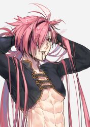 Rule 34 | 1boy, abs, black hair, eyebrow cut, fate/grand order, fate (series), hair over one eye, hairdressing, japanese clothes, long hair, long sleeves, looking at viewer, low ponytail, male focus, multicolored hair, nagatekkou, pectoral cleavage, pectorals, red eyes, red hair, rkp, simple background, smile, solo, streaked hair, takasugi shinsaku (fate), toned, toned male, underpec, upper body, white background, white hair