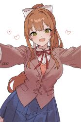 Rule 34 | 1girl, blue skirt, blush, bow, breasts, brown vest, collared shirt, doki doki literature club, green eyes, hair bow, heart, highres, incoming hug, korean commentary, long hair, looking at viewer, medium breasts, monika (doki doki literature club), neck ribbon, open mouth, pleated skirt, ponytail, red ribbon, ribbon, school uniform, shirt, skirt, smile, solo, very long hair, vest, white background, white bow, white shirt, yuna 4568