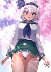 Rule 34 | 1girl, :o, alternate costume, arms at sides, black headwear, blunt bangs, blush, bob cut, bow, bow panties, breasts, cherry blossoms, commentary request, darumoon, dot nose, eyelashes, ghost, green eyes, green skirt, highres, hitodama, hitodama print, konpaku youmu, konpaku youmu (ghost), large breasts, long sleeves, looking at viewer, miniskirt, open mouth, panties, petals, sailor collar, school uniform, shiny skin, short hair, skirt, smile, solo, standing, surprised, thick thighs, thighs, touhou, tree, underwear, white panties, wind, wind lift