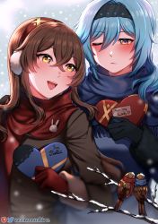 Rule 34 | 2girls, ;d, absurdres, amber (genshin impact), bird, black gloves, blue hair, blue scarf, blush, branch, brown hair, english text, eula (genshin impact), genshin impact, gloves, hairband, heart, highres, long sleeves, multiple girls, newmoonshira, one eye closed, open mouth, red gloves, red scarf, scarf, smile, snow, valentine, winter clothes, yellow eyes