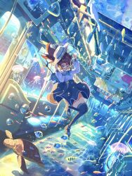 Rule 34 | 1girl, air bubble, atelier umiyury, bag, blue skirt, bow, bowtie, brown hair, bubble, commentary, fish, footwear ribbon, hand grip, hat, high-waist skirt, highres, holding, holding clothes, holding hand grip, holding hat, immersed, jellyfish, long hair, long sleeves, original, polearm, sea turtle, shirt, shoes, skirt, snorkel, snorkel in mouth, solo, submerged, subway, sunlight, thighhighs, train interior, trident, tropical fish, turtle, underwater, unworn hat, unworn headwear, weapon