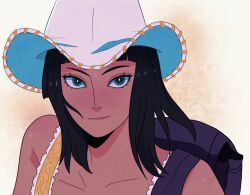 Rule 34 | 1girl, bag, black hair, blue eyes, blunt bangs, close-up, commentary, english commentary, hat, light smile, looking to the side, medium hair, nico robin, one piece, pegdraws, purple bag, shoulder bag, simple background, solo, sweatdrop