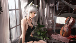 Rule 34 | 1girl, animal ears, arknights, bare shoulders, black dress, breasts, cello, cleavage, curtains, dress, green eyes, highres, indoors, instrument, jewelry, kal&#039;tsit (arknights), ling dianxia, looking at viewer, medium breasts, necklace, paid reward available, piano, ponytail, sitting, solo, thigh strap, white hair