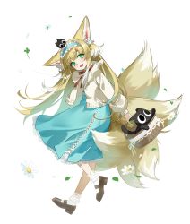 Rule 34 | 1girl, :d, animal ear fluff, animal ears, arknights, basket, black cat, blonde hair, blue hairband, blue skirt, bobby socks, brown footwear, cat, clover, crossover, flower, four-leaf clover, fox ears, fox girl, fox tail, frilled hairband, frills, full body, green eyes, hairband, head tilt, heixiu, highres, holding, holding basket, jacket, kitsune, long hair, long sleeves, looking at viewer, looking to the side, luo xiaohei, multicolored hair, neck ribbon, on head, open clothes, open jacket, open mouth, puffy long sleeves, puffy sleeves, red ribbon, ribbon, shoes, simple background, skirt, smile, socks, standing, standing on one leg, suzuran (arknights), suzuran (spring praise) (arknights), tail, tang45, luo xiaohei zhanji, two-tone hair, very long hair, white background, white flower, white hair, white jacket, white socks