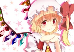 Rule 34 | 1girl, bad id, bad pixiv id, bajinappo, bow, crystal, embodiment of scarlet devil, face, female focus, flandre scarlet, hat, hat bow, red eyes, side ponytail, smile, solo, touhou, white background, wings, wrist cuffs