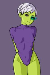 Rule 34 | 1girl, arms behind back, breasts, cheelai, closed mouth, collarbone, colored skin, covered navel, cowboy shot, dragon ball, dragon ball super, dragon ball super broly, female focus, green skin, groin, highleg, highleg leotard, leotard, looking at viewer, paid reward available, pink eyes, purple background, purple leotard, scouter, short hair, short sleeves, simple background, small breasts, smile, solo, thighs, wabaki, white hair