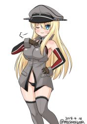 Rule 34 | 1girl, anchor hair ornament, armor, bare shoulders, bismarck (kancolle), black panties, blonde hair, blue eyes, breastplate, brown gloves, commentary request, cowboy shot, cross, dated, detached sleeves, elbow gloves, gloves, grey thighhighs, hair ornament, hand on own chest, hat, iron cross, kantai collection, long hair, masara (chuujou), military, military hat, military uniform, one-hour drawing challenge, panties, peaked cap, simple background, smile, solo, thighhighs, twitter username, underwear, uniform, white background