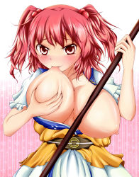 Rule 34 | 1girl, blush, breast sucking, breasts, breasts out, female focus, koza900, looking at viewer, nipples, onozuka komachi, red eyes, red hair, self breast sucking, short hair, smile, solo, touhou, twintails