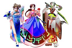 Rule 34 | 1boy, 2girls, alternate hairstyle, bare legs, blue dress, braid, breasts, china dress, chinese clothes, cleavage, cleavage cutout, clothing cutout, cyborg, d.va (overwatch), double bun, dress, facial mark, flat chest, folding fan, genji (overwatch), geta, glasses, grin, hanbok, hand fan, japanese clothes, kimono, korean clothes, large breasts, long hair, mei (overwatch), multiple girls, mundal, overwatch, overwatch 1, purple-framed eyewear, quipao, robot, semi-rimless eyewear, shawl, side slit, sidelocks, single braid, smile, snowball (overwatch), traditional clothes, under-rim eyewear, whisker markings