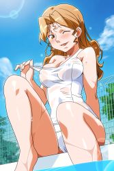Rule 34 | 1girl, barefoot, blush, breasts, brown eyes, brown hair, cleavage, day, dripping, covered erect nipples, hayasaka akira, lens flare, long hair, looking at viewer, official art, one-piece swimsuit, one eye closed, open mouth, outdoors, poolside, school swimsuit, sitting, soaking feet, solo, strap pull, super real mahjong, swimsuit, tanaka ryou, water, wet, white school swimsuit, white one-piece swimsuit