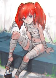 Rule 34 | 1girl, arm support, bandaged foot, bandages, black eyes, chromatic aberration, gradient background, long hair, looking at viewer, navel, nightmare-kck, original, red hair, sitting, skeleton, solo, twintails