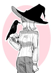 Rule 34 | 1girl, absurdres, bird, black hat, cowboy shot, crow, faust (project moon), hand up, hat, highres, limbus company, long sleeves, nugii, pants, project moon, short hair, sketch, solo, sweater, white hair, white sweater, witch hat