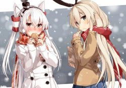 Rule 34 | 10s, 2girls, alternate costume, amatsukaze (kancolle), blonde hair, blush, brown jacket, checkered clothes, checkered scarf, coat, eating, food, from behind, grey eyes, hair between eyes, hair tubes, hairband, jacket, kantai collection, long hair, looking at viewer, mittens, multiple girls, orange eyes, red scarf, scarf, shimakaze (kancolle), silver hair, smoke, smokestack, snowing, taiyaki, takanashie, two side up, upper body, wagashi, white coat, winter clothes, winter coat