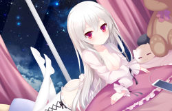 Rule 34 | 1girl, absurdres, bad id, bad pixiv id, bed, bottomless, breasts, cellphone, cleavage, expressionless, frilled pillow, frills, highres, legs up, long hair, lying, night, night sky, niliu chahui, no bra, no shoes, on stomach, open clothes, open shirt, original, phone, pillow, red eyes, shirt, silver hair, sky, smartphone, solo, star (sky), starry sky, stuffed toy, thighhighs, tokisaki mio (niliu chahui), tree, white thighhighs, window