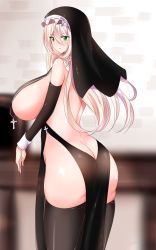 Rule 34 | 1girl, artist request, ass, blonde hair, blush, breasts, butt crack, cleavage, green eyes, highres, huge breasts, large breasts, long hair, nun, sideboob, solo, thighhighs, underboob