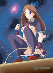 Rule 34 | 1girl, blue eyes, blue thighhighs, blush, bow, bow panties, breasts, brown footwear, brown hair, capelet, castlevania (series), castlevania: portrait of ruin, charlotte aulin, grey skirt, large breasts, long hair, navel, necktie, night, nipples, panties, panties around leg, parted lips, peeing, pubic hair, pussy, red neckwear, shirt, shoes, skirt, sky, star (sky), starry sky, teeth, thighhighs, torn clothes, torn shirt, uncensored, underwear, white panties, white shirt, wristband