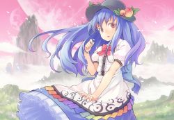 Rule 34 | 1girl, blue hair, bow, cloud, colored eyelashes, fantasy, female focus, food, fruit, grass, hinanawi tenshi, kanini, long hair, looking at viewer, moon, mountain, multiple moons, open mouth, peach, petals, red eyes, red sky, shirt, skirt, sky, solo, touhou, wind