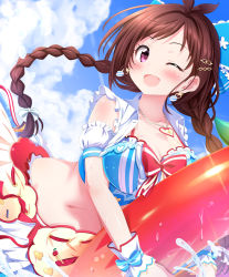 Rule 34 | 1girl, bikini, blush, bow, braid, breasts, brown hair, cleavage, cloud, cloudy sky, commentary request, dutch angle, earrings, floating hair, hair bow, hair ornament, holding, idolmaster, idolmaster cinderella girls, innertube, jewelry, long hair, looking at viewer, medium breasts, navel, necklace, one eye closed, open mouth, purple eyes, red bikini, rubber band, sidelocks, sky, solo, sui. (ayase), swept bangs, swim ring, swimsuit, tsujino akari, twin braids, water