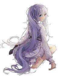 Rule 34 | 1girl, 25-ji miku, barefoot, black socks, blue eyes, commentary request, dress, frilled dress, frills, full body, haruta (user dndp3458), hatsune miku, heterochromia, highres, long hair, long sleeves, looking at viewer, looking back, no shoes, parted lips, project sekai, red eyes, simple background, single sock, sitting, socks, soles, solo, toes, twitter username, very long hair, vocaloid, wariza, white background, white dress, white hair