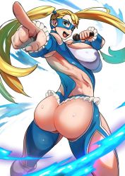 Rule 34 | 1girl, ass, bad id, bad twitter id, bare shoulders, blonde hair, blue eyes, boots, breasts, capcom, cleavage, clothing cutout, domino mask, female focus, gradient background, green eyes, huge ass, large breasts, leotard, long hair, looking at viewer, looking back, mask, microphone, nuezou, pointing, pointing at viewer, rainbow mika, shiny skin, shoulder cutout, solo, street fighter, street fighter v, thighs, twintails, twisted torso