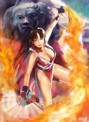 Rule 34 | 1girl, breasts, brown eyes, brown hair, cleavage, daniel oduber, fatal fury, fire, folding fan, hand fan, highres, japanese clothes, large breasts, long hair, pelvic curtain, ponytail, pyrokinesis, realistic, revealing clothes, shiranui mai, smile, snk, solo, the king of fighters