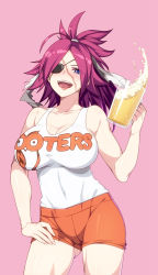 Rule 34 | 1girl, 846-gou, absurdres, alcohol, bare shoulders, beer, beer mug, blue eyes, breasts, cleavage, collarbone, cup, eyepatch, fate/extra, fate (series), francis drake (fate), highres, hooters, large breasts, long hair, looking at viewer, mug, open mouth, orange shorts, parted bangs, pink hair, ponytail, short shorts, shorts, smile, solo, tank top, thighs, white tank top