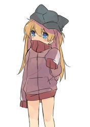 Rule 34 | 1girl, bad id, bad pixiv id, blue eyes, blush, brown hair, covered mouth, hat, hat with ears, long hair, long sleeves, mizuki (koko lost), naked sweater, neon genesis evangelion, oversized clothes, solo, souryuu asuka langley, sweater