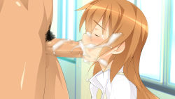 Rule 34 | 1girl, blush, breasts, censored, closed eyes, clothed female nude male, cum, cum in mouth, cum on hair, facial, fellatio, from side, highres, indoors, large breasts, legs, long hair, makarou, male pubic hair, mosaic censoring, nude, oral, orange hair, penis, pubic hair, solo focus, standing, thighs, todoroki yachiyo, upper body, waitress, working!!