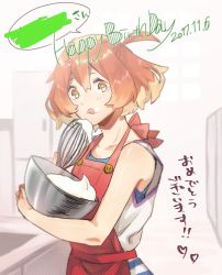 Rule 34 | 1girl, 2017, apron, bad id, bad pixiv id, blurry, blurry background, collarbone, cooking, freyja wion, hair between eyes, hair ornament, heart, heart hair ornament, macross, macross delta, medium hair, multicolored hair, one side up, orange hair, pote-mm, red apron, shirt, sleeveless, sleeveless shirt, solo, speech bubble, standing, tongue, tongue out, two-tone hair, white shirt, yellow eyes
