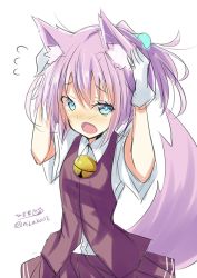 Rule 34 | 10s, 1girl, :o, animal ears, bell, neck bell, blue eyes, blush, collar, commentary request, flying sweatdrops, fox ears, fox tail, gloves, hair ornament, hands on own head, highres, hizaka, kantai collection, looking at viewer, open mouth, pink hair, pleated skirt, ponytail, school uniform, shiranui (kancolle), short hair, skirt, solo, tail, twitter username, white background, white gloves
