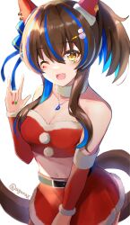 Rule 34 | 1girl, \m/, alternate costume, animal ears, bandeau, bare shoulders, belt, blush, breasts, brown hair, cleavage, colored inner hair, crop top, daitaku helios (umamusume), detached sleeves, ear covers, fang, fur choker, hand up, highres, horse ears, horse girl, horse tail, jewelry, long hair, medium breasts, midriff, multicolored hair, navel, necklace, one eye closed, open mouth, pom pom (clothes), red skirt, santa costume, side ponytail, simple background, skin fang, skirt, smile, solo, tail, twitter username, two-tone hair, ugura (ugurax), umamusume, white background