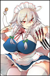 Rule 34 | 1girl, absurdres, apron, black border, blue dress, border, bow, braid, breasts, collarbone, curvy, dress, green bow, hair between eyes, hair bow, highres, holding, holding knife, izayoi sakuya, knife, large breasts, looking to the side, maid, maid headdress, open mouth, puffy short sleeves, puffy sleeves, red eyes, sayakata katsumi, short hair, short sleeves, side braid, silver hair, simple background, smile, solo, stopwatch, thighhighs, touhou, twin braids, upper body, v-shaped eyebrows, waist apron, watch, white apron, white background, white thighhighs, wide hips, wrist cuffs