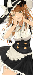 Rule 34 | 1girl, absurdres, apron, black hat, black skirt, blonde hair, bow, buttons, collared shirt, frilled hat, frilled skirt, frills, hands on own cheeks, hands on own face, hat, hat bow, highres, kirisame marisa, long hair, looking at viewer, necro (nekurodayo), open mouth, shirt, short sleeves, simple background, skirt, smile, solo, standing, touhou, waist apron, white apron, white background, white bow, white shirt, witch hat