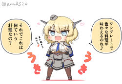 Rule 34 | 1girl, black gloves, black pantyhose, blonde hair, blue eyes, blue necktie, braid, breasts, capelet, chibi, colorado (kancolle), commentary request, dress, food, full body, garrison cap, gloves, goma (yoku yatta hou jane), grey capelet, grey dress, grey hat, hat, headgear, kantai collection, large breasts, necktie, open mouth, pantyhose, pleated dress, shirt, short hair, side braids, sideboob, simple background, sleeveless, solo, standing, translation request, tray, twitter username, wavy mouth, white background, white shirt