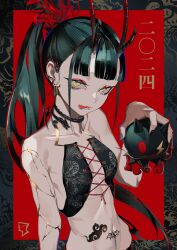 Rule 34 | 1girl, 2024, :p, bare shoulders, black nails, breasts, choker, dragon horns, earrings, eyeliner, green hair, grey nails, highres, horns, jewelry, kintsugi, lam (ramdayo), lip piercing, long hair, looking at viewer, makeup, navel, navel piercing, original, piercing, ponytail, revealing clothes, small breasts, smile, solo, tattoo, tongue, tongue out, yellow eyes