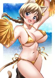 Rule 34 | 1girl, :d, animal ears, arm up, bikini, black eyes, blue sky, braid, braided ponytail, breasts, brown hair, cat ears, cat girl, cat tail, cloud, commentary request, day, gold bikini, highres, holding, holding pom poms, large breasts, long hair, looking at viewer, lynette bishop, momendoufu, navel, ocean, open mouth, outdoors, pom pom (cheerleading), pom poms, side-tie bikini bottom, sky, smile, solo, strike witches, sweat, swimsuit, tail, world witches series