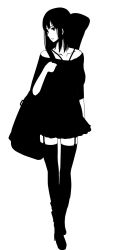 Rule 34 | 1girl, bad id, bad twitter id, bare shoulders, boots, carrying, carrying over shoulder, collarbone, full body, garter straps, greyscale, highres, instrument case, long hair, looking to the side, monochrome, original, rur (ml ruru), shoulder carry, solo, standing, thighhighs, white background, zettai ryouiki