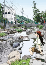 Rule 34 | 1girl, bandana, black hair, branch, bridge, building, collared shirt, daigo fujiie, day, from side, guard rail, handrail, highres, lamppost, limited palette, long hair, original, outdoors, pants, pants rolled up, ponytail, power lines, red bandana, reflection, reflective water, river, riverbank, road sign, rock, scenery, shirt, short sleeves, sign, signature, sitting, sky, smile, soaking feet, solo, stairs, tree, utility pole, water
