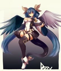 Rule 34 | 1girl, asymmetrical wings, belt, black panties, black thighhighs, blue hair, boots, breasts, character name, commentary request, dizzy (guilty gear), feathered wings, full body, gradient background, guilty gear, hair between eyes, hair ribbon, hair rings, highres, long hair, long sleeves, looking at viewer, medium breasts, panties, red eyes, ribbon, simple background, smile, solo, tail, tail ornament, tail ribbon, thighhighs, twintails, underwear, very long hair, white footwear, wide sleeves, wings, yellow ribbon, yonaga san