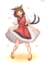 Rule 34 | 1girl, :3, absurdres, animal ear fluff, animal ears, artist name, bob cut, brown eyes, brown hair, cat ears, cat tail, chen, chikopudding, clothes lift, colored shadow, commentary request, dress, foul detective satori, frilled skirt, frills, full body, green hat, hat, highres, leaning to the side, lifted by self, mob cap, multiple tails, open mouth, paw print, paw print background, red footwear, shadow, short hair, short sleeves, simple background, skirt, skirt lift, slit pupils, solo, standing, tabard, tail, touhou, white background, white dress