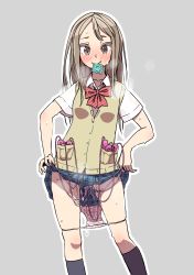 Rule 34 | 1girl, black socks, blue skirt, blush, bow, bowtie, breasts, breath, brown eyes, brown hair, buttons, closed mouth, clothes lift, collarbone, collared shirt, condom, condom in mouth, condom wrapper, controller, female focus, green vest, grey background, happy, highres, kneehighs, lifted by self, long hair, looking at viewer, matching hair/eyes, miniskirt, mouth hold, original, outline, panties, panty pull, pink panties, plaid, plaid skirt, pleated skirt, pocket, polka dot, polka dot panties, pussy juice, red bow, red bowtie, remote control, remote control vibrator, school uniform, sex toy, shapoco, shirt, short sleeves, sidelocks, simple background, skindentation, skirt, skirt lift, small breasts, smile, socks, solo, standing, steam, steaming body, sweat, sweater vest, too many, too many sex toys, underwear, vest, vibrator, vibrator cord, vibrator under clothes, wet, wet clothes, wet panties, white outline, white shirt