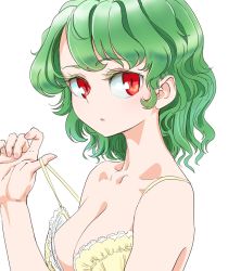 Rule 34 | 1girl, bra, breasts, commentary request, green hair, highres, kazami yuuka, looking at viewer, medium breasts, red eyes, s-a-murai, short hair, simple background, solo, touhou, underwear, wavy hair, white background, yellow bra