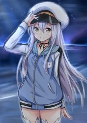 Rule 34 | 1girl, arm at side, arm up, aurora, blue jacket, blush, brown eyes, closed mouth, commentary request, copyright request, drawstring, hair between eyes, hakuya (white night), hand on headwear, hat, hood, hood down, hooded jacket, jacket, long hair, long sleeves, military hat, night, night sky, outdoors, peaked cap, silver hair, sky, smile, solo, standing, thighhighs, very long hair, white hat, white thighhighs