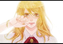 Rule 34 | 10s, 1girl, atsuyu, bad id, bad pixiv id, blonde hair, brown eyes, female focus, karina lyle, letterboxed, lips, long hair, portrait, solo, tears, tiger &amp; bunny, white background, wiping tears