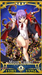 Rule 34 | 1girl, aged down, barefoot, bb (fate), bb (fate) (all), bb (swimsuit mooncancer) (fate), bb (swimsuit mooncancer) (third ascension) (fate), black coat, card (medium), coat, covered navel, fate/grand order, fate (series), gloves, hair ribbon, looking at viewer, one-piece swimsuit, popped collar, purple eyes, purple hair, ribbon, school swimsuit, smile, solo, swimsuit, tentacles, utage nicholas, vampire costume, white gloves, white one-piece swimsuit, white school swimsuit