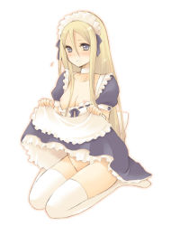 Rule 34 | 00s, 1girl, blonde hair, blush, bonnet, bottomless, bow, breasts, choker, claymore (series), clothes lift, frills, grey eyes, kneeling, long hair, maid, pocopoco, skirt, skirt lift, small breasts, solo, tears, thighhighs, yuma (claymore)