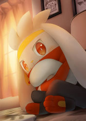 Rule 34 | blush, bright pupils, closed mouth, commentary request, creatures (company), curtains, from below, game freak, gen 8 pokemon, highres, indoors, looking at viewer, nintendo, no humans, photo (object), pokemon, pokemon (creature), purobe, raboot, red eyes, scorbunny, sitting, smile, toes, white pupils