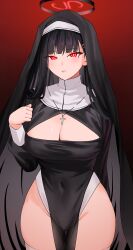 Rule 34 | 1girl, absurdres, black hair, blue archive, blush, breasts, bright pupils, cleavage, coif, covered navel, cowboy shot, cross, gradient background, groin, habit, hair ornament, hairpin, halo, highres, large breasts, long hair, long sleeves, looking at viewer, nonbire, nun, open mouth, red eyes, rio (blue archive), solo, white pupils